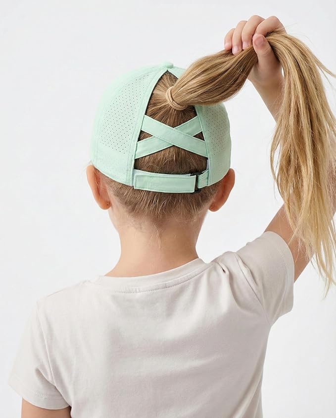 Little Girls Reflective Baseball Cap Criss Cross Ponytail Hat Kids Quick Dry Mesh Summer Sports Hat for Toddler Ages 3-8