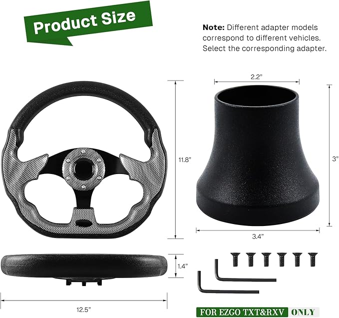 Golf Cart Accessories Steering Wheel D-bottom and Golf Adapter for For EZGO TXT & RXV Golf Cart Bundle-(black gray)