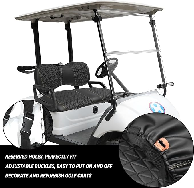 XUANYUDG0769 Golf Cart Front and Rear Seat Covers for EZGO TXT/RXV Club Car DS/Precedent Yamaha G29, Vinyl Leather Made/Adjustable Straps and Retractable Buckle/No Stapler Required,4PCS