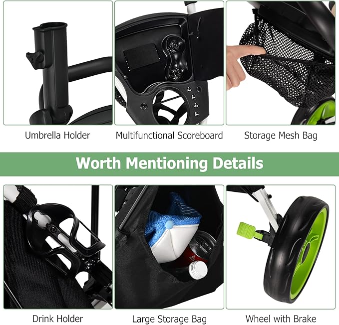 Tangkula Golf Push Pull Cart with Seat, Lightweight Folding 3 Wheels Trolley W/Storage Bag, Foot Brake, Adjustable Umbrella Holder & Seat, 4 Height Position Handle (Green)