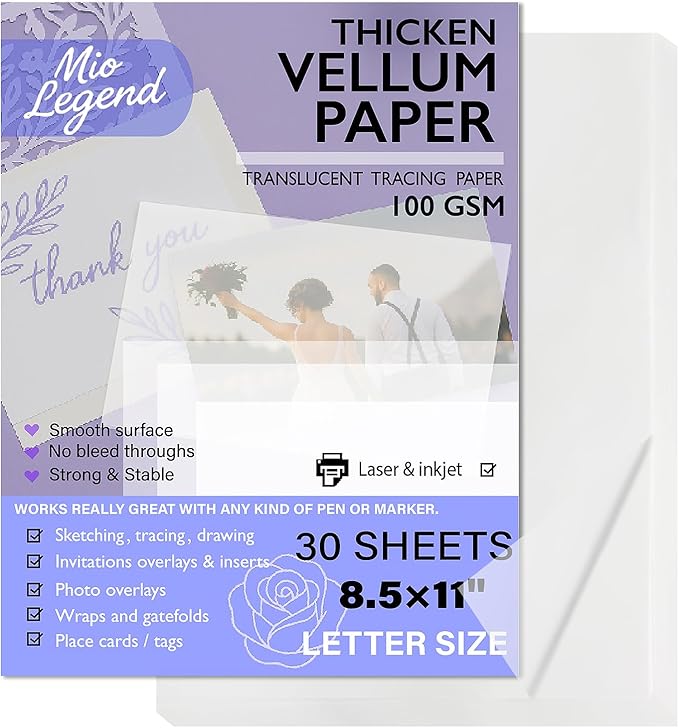 Vellum Paper 8.5 x 11 Translucent Printable 100gsm/68lbs Vellum Tracing Paper by Unknown
