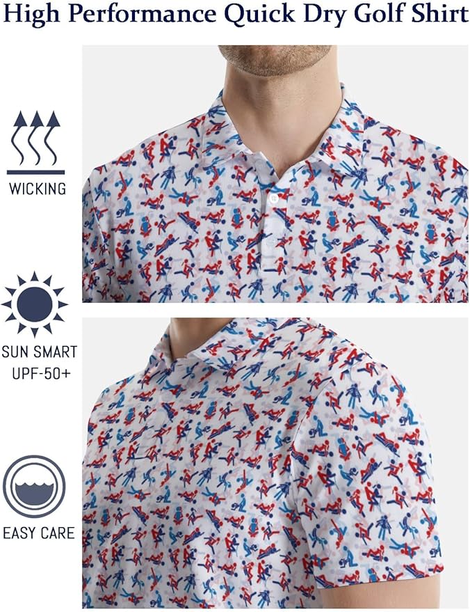 HUURAY Funny Golf Polos for Men Funny Print Short Sleeve Shirts Quick Dry Polo Shirts Hawaiian Shirt Performance Golf Outfits