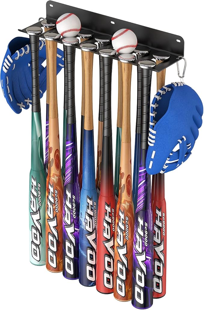 QBA Wall Mount Baseball Bat Holder, 8 Prongs Heavy Duty Metal Bat Rack, Holds 14 Bats, Bats Organizer for Dugout Fence Home Garage, Black