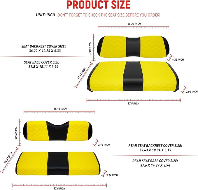 Golf Cart Seat Covers Front and Rear Waterproof and Sun Resistant Marine Grade Vinyl Leather Seat Cover Accessories for Club Car DS 2000.5-up, Yellow(4PCS)