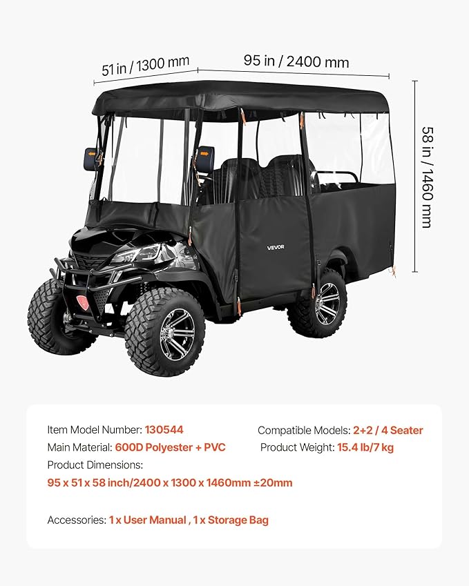 VEVOR Golf Cart Cover, Visible Full-Enclosure 2+2/4 Passenger Golf Cart, 600D Waterproof Oxford Fabric Club Car Cover Fits Most Carts Club Car, Yamaha, EZGO, Honda, PVC Coating & Windproof Hook Design