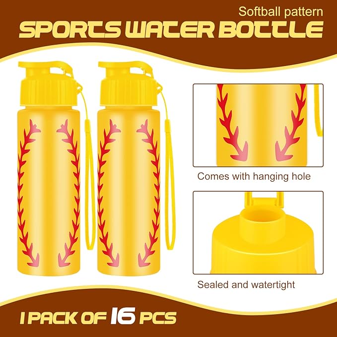 Olgaa 16 Pcs Softball Water Bottle Bulk 20 oz Softball Reusable Water Drink Bottles Sports Soft ball Accessories for Party Favor Players Lovers Team Gifts