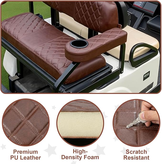 NOKINS Golf Cart Armrest with Cup Holder for EZGO/Club Car/Yamaha, No Drilling Required, Golf Cart Flip Hinged Armrest for Rear Seat with 1 inch Square Tube Frame (Brown&Brown 8438)