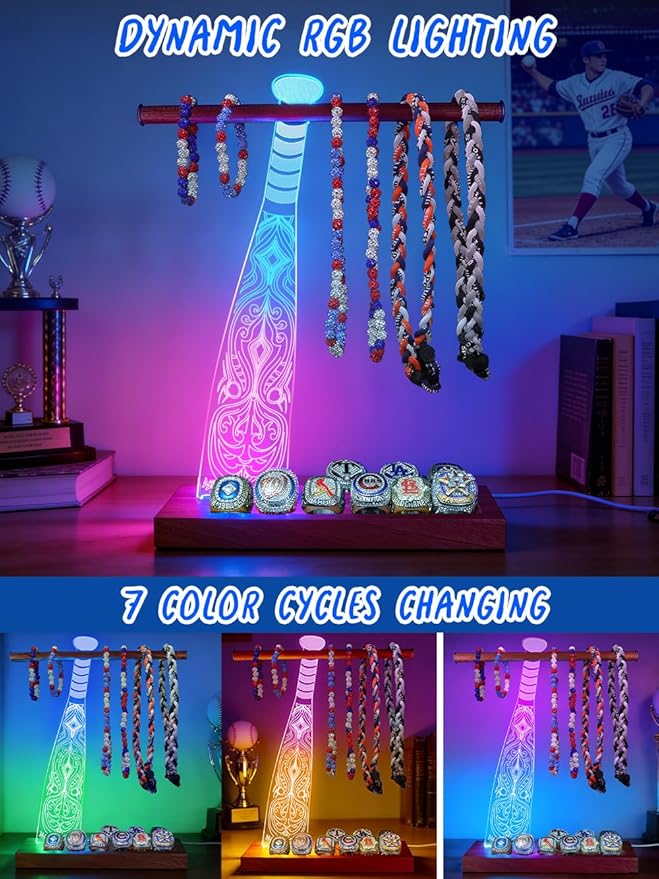 CoolGift Mart Light up Baseball Necklace Hanger and Championship Ring Display Stand, Acrylic Wooden LED Night Lamp with USB Powered, Gift for Baseball Softball Players Lovers
