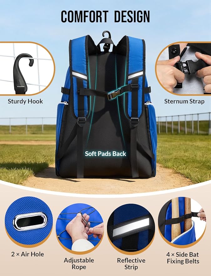Baseball Backpack for Adult Large Capacity Softball Bat Bag with Shoe Compartment & Wet Pocket Baseball Bag with Fence Hook for 4 Bats & Equipment