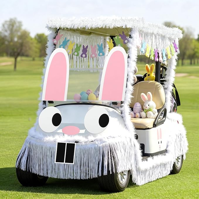 Moucuny 12 Pcs Easter Bunny Golf Cart Decoration Kit 1 Set Giant Felt Rabbit Model 3 Silver Thread Felt Strip 2 Curved Rain Curtain 2 White Felts Strip 2 Easter Bunny Banners for Golf Cart Accessories