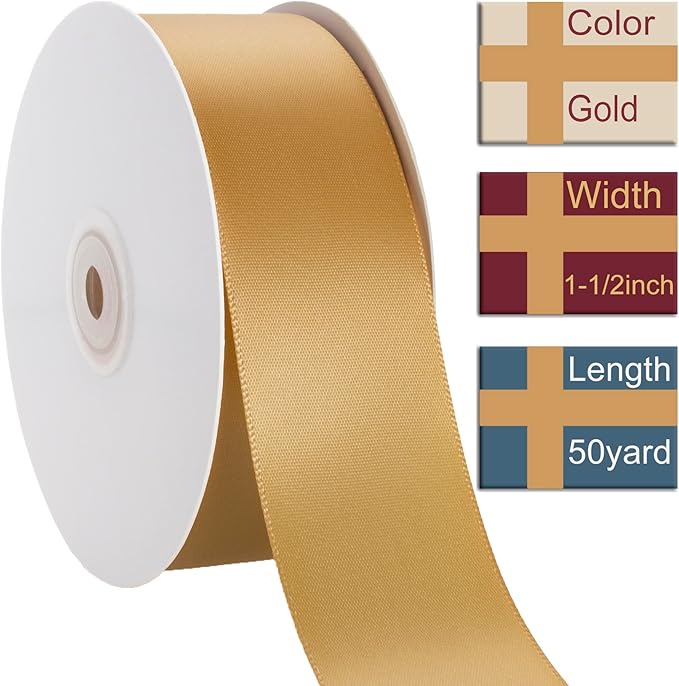 1-1/2 Inch Gold Ribbon, 50 Yards Craft Polyester Satin Ribbon Perfect - Image 2