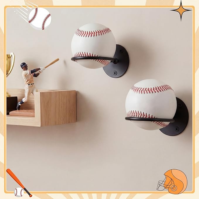 Threan Baseball Display Holder for Wall, Metal Softball Memorabilia Wall Mount Rack, Heavy Duty Sports Theme Decor for Office, Garage and Man Cave (Black)