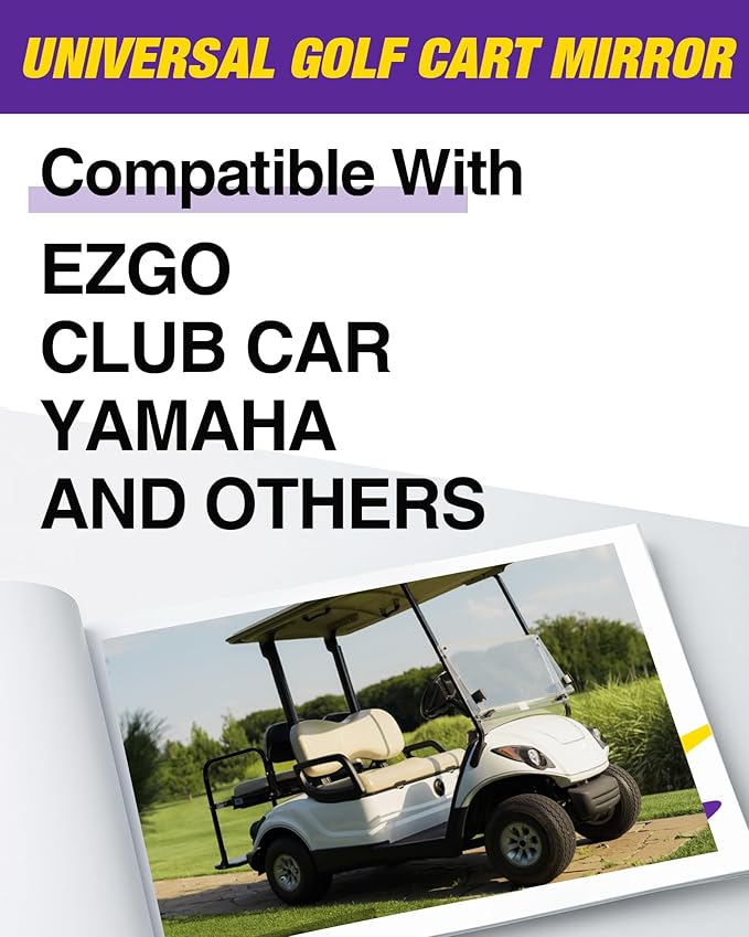 HOWBOW Golf Cart Mirrors Kit, Adjustable 180 Degree Rotation and Foldable-HD Shatterproof Glass Mirrors for EZGO Club Car Yamaha, No-Drilling Golf Cart Side Mirror and Rear View Mirror Kit