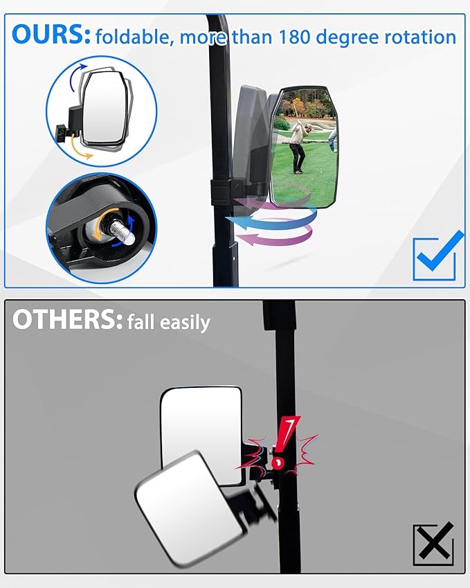 SAUTVS Adjustable Side Mirror for Yamaha, Club Car, EZGO, Most Golf Cart with 0.75"/1"/1.25" Square Tube Roof Bracket, Universal Folding Side Rear View Mirrors Accessories, No Drilling Required