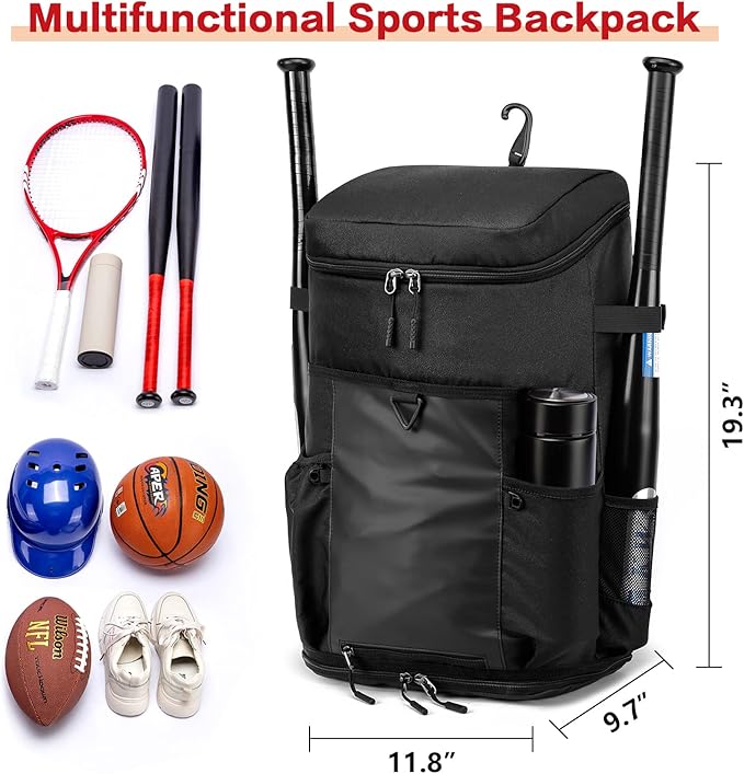 TUGUAN Baseball Backpack Equipment Bag for Adult with 2/4 Bat Holder & Fence Hook Lightweight Mens Softball Bag with Shoes Compartment Coaches Catchers Team Baseball Gear Bags Youth Boys