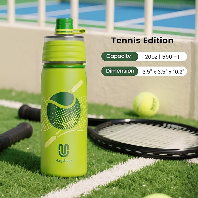 Tennis Water Bottle - 20oz Insulated Misting Water Bottles Stainless Steel 3D Textured - Tennis Accessories Gift for Kids