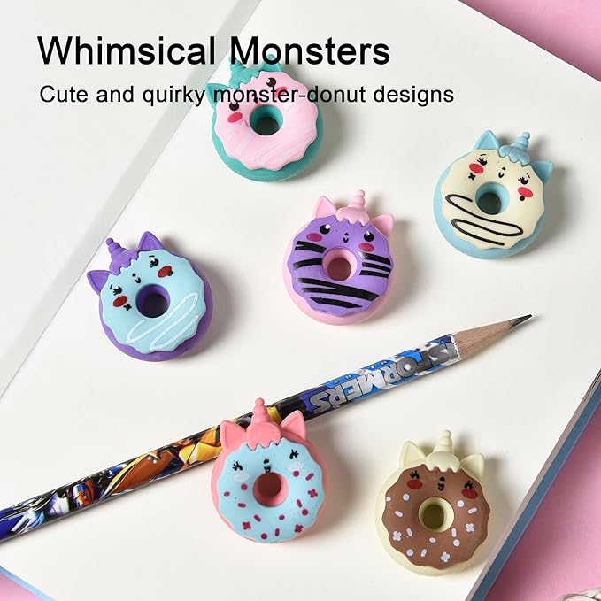 HILAZA Donut Erasers for Kids Bulk, 24 Pieces 3D Cute Fun Monster Erasers for - Image 2