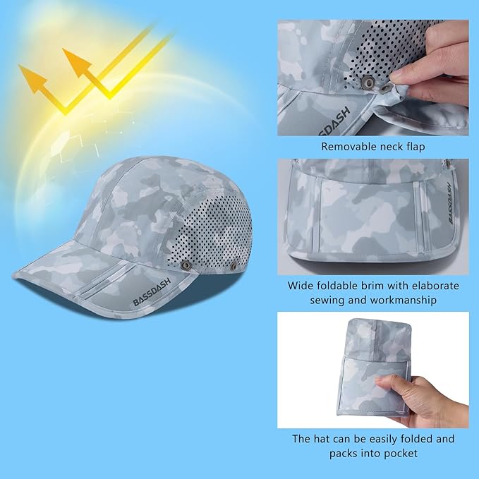 BASSDASH UPF 50+ Foldable Fishing Hat Baseball Cap with Removable Neck Flap Portable for Men Women Golf Hiking