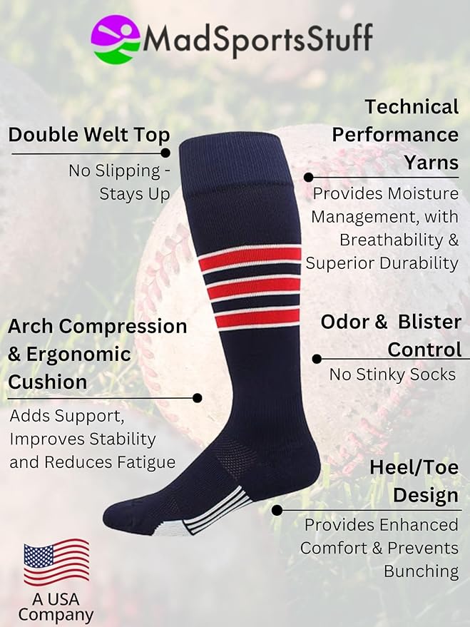 MadSportsStuff Softball Socks Baseball Socks | White & Team Colors | USA Made | Sizes for Girls, Youth Boys, Men & Women