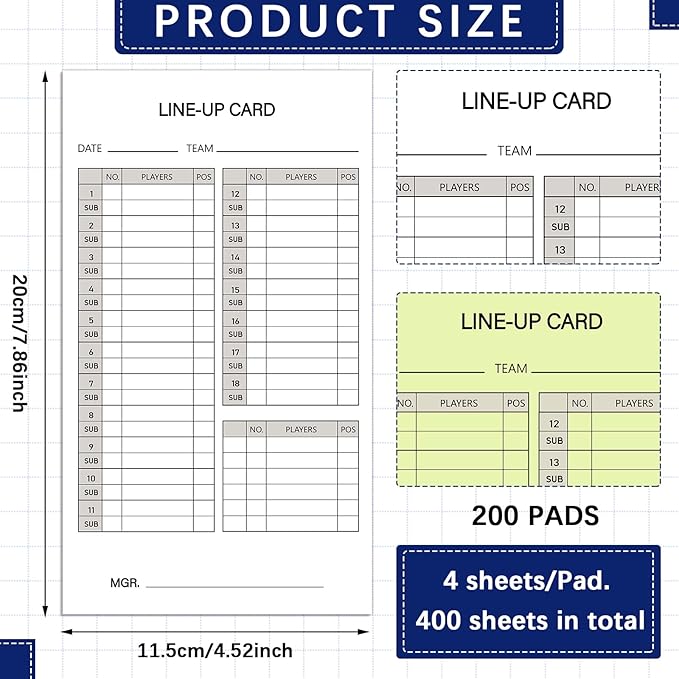 Geyee 50/100/200 Baseball Softball Lineup Cards 4.52 x 7.86 Inch Lineup Sheet Games with Player Roster Baseball Scorebook Coaching Accessories for Coaches Umpires, 4 Part Carbonless Copies(100 Sets)