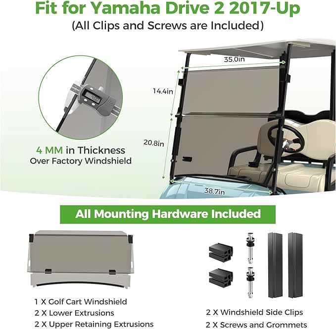 10L0L Golf Cart Windshield for Yamaha Drive 2 2017-Up, Clear/Tinted Folding Windshield with All Heavy Duty Clips, PC Material, Anti-UV & Impact Resistant - Easy Install (Fits Gas/Electric Models)