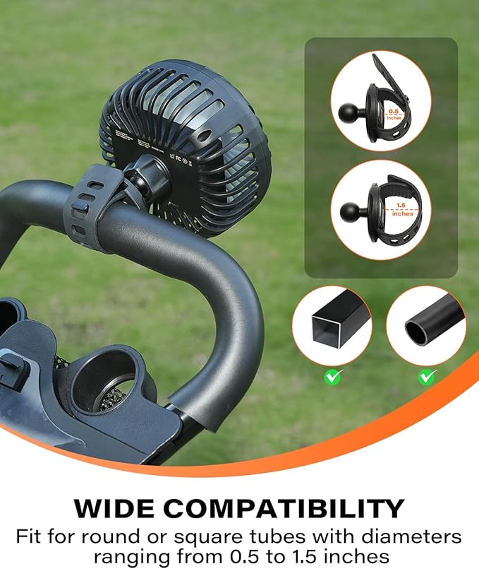 A2C Rechargeable Golf Cart Fan, 4000mAh Battery Operated Clip On Fan for EZGO Club Car Yamaha, 360° Rotating Portable Cooling Fan, 3 Speed Settings, Golf Season Course Cart Essential Accessories