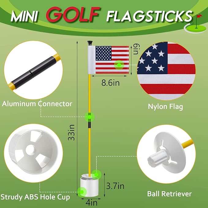 Meooeck 3 Pack Golf Flagstick 3ft Putting Green Pin Flag and Hole Cup Set for Yard Portable 2 Section Fiberglass Mini Golf Set for Driving Range Backyard, Double-side American Flag