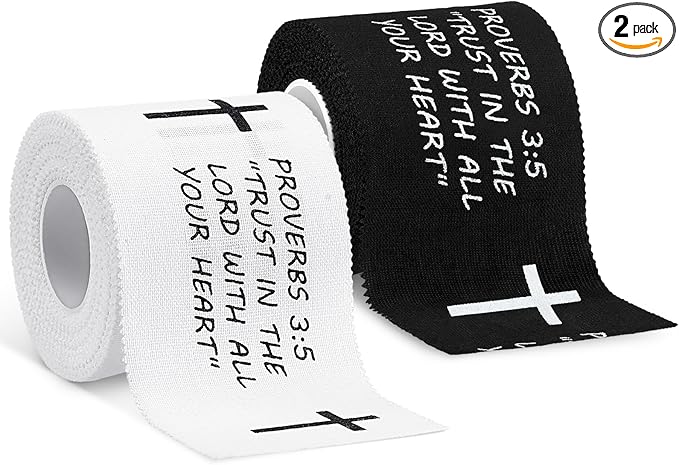 MiniInflat 2 Pcs Christian Cross Athletic Tape Sports Tape 2in x 23ft Religion Jesus Wrist Wrap for Soccer Football Baseball, Gift for Graduation Teacher Nurses Week Pentecost(White Black,Proverbs)