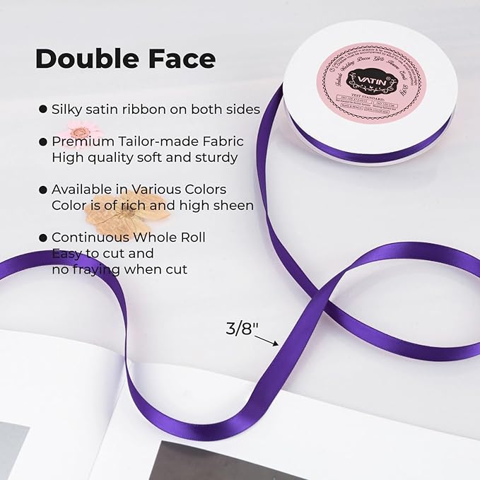 VATIN Double Face Bright Purple Satin Ribbon 3/8" Continuous 50 Yards, Gift - Image 2