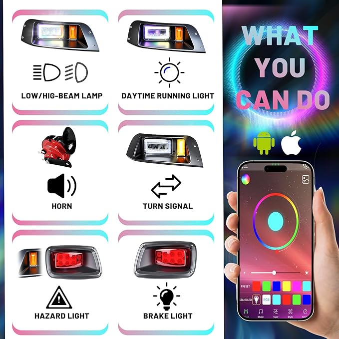 Golf Cart Headlight Taillight Kit for EZGO TXT 1996-2013 Gas&Electric, RGB LED Headlight Kit with Turn Signal Kits Horn Brake Pad Wire Harness Taillight, 12V
