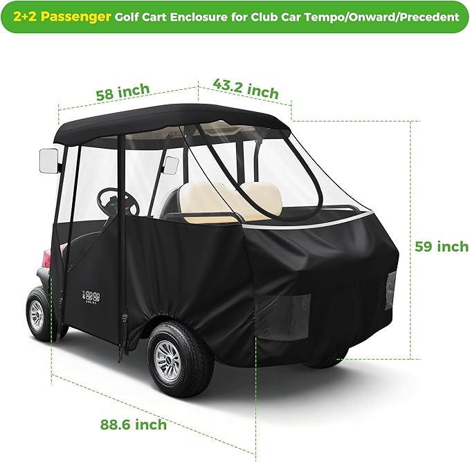 10L0L 2/4/8 Passenger Golf Cart Enclosure for Club Car Precedent/Tempo/Onward, 600D Waterproof Golf Cart Rain Cover, Driving Enclosure with 4-Sided Clear Windows Roll-up Door Black -Roof 58"-141"