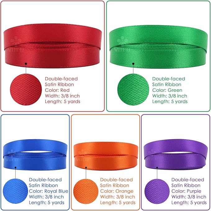 MEEDEE Rainbow Ribbon Solid Color Assortment 10 Colors Double Face Satin Ribbon - Image 4