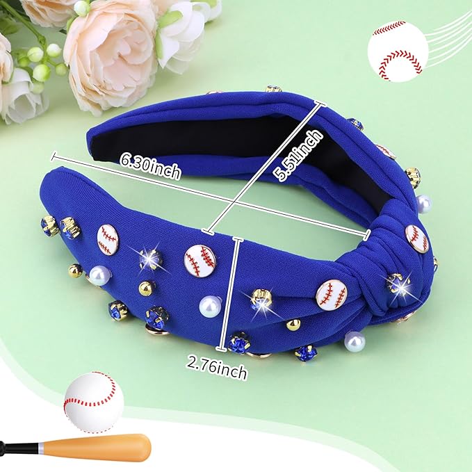 Baseball Headbands for Women Crystal Baseball Embellished Wide Top Knot Headband for Women Game Day Hair Accessories (Navy Blue)