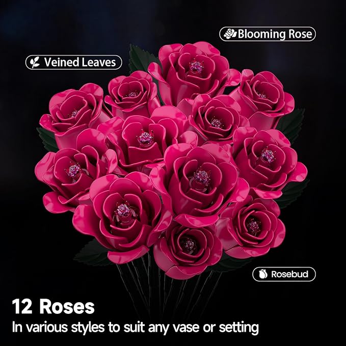 12 Everlasting Roses Bouquet Building Set, Gothic-Style Botanical Diary Series - Image 3