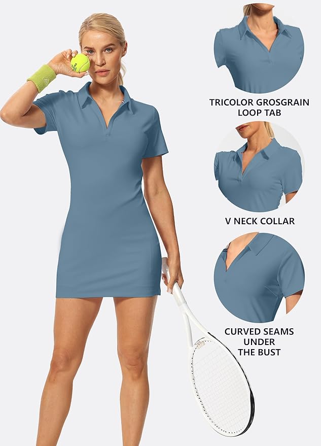 Hiverlay Golf Dresses for Women with Shorts and Pockets, V-Neck Short Sleeve Tennis Dress, Workout Athletic Dresses