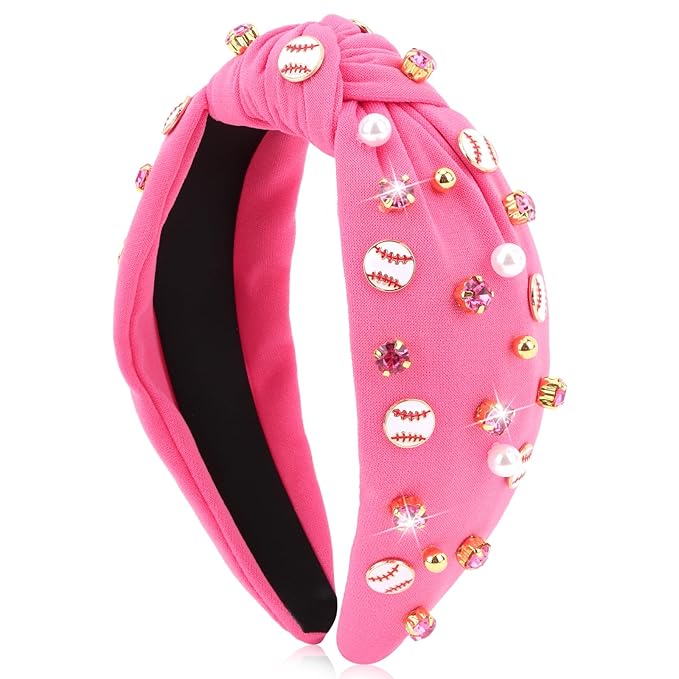Baseball Headbands for Women Crystal Baseball Embellished Wide Top Knot Headband for Women Game Day Hair Accessories (Hot Pink)