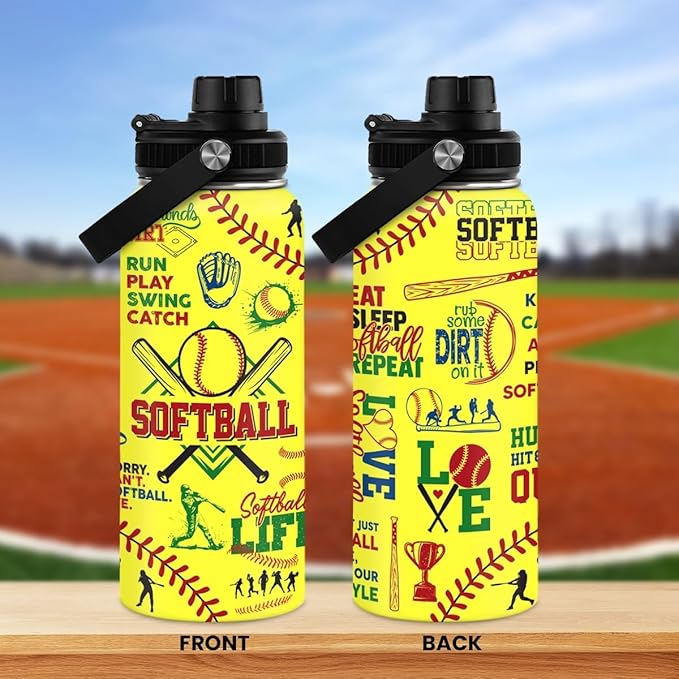 Softball Gift Water Bottle With Lid, 32oz Insulated Stainless Steel Sport Bottles - Softball Players Fan Coach