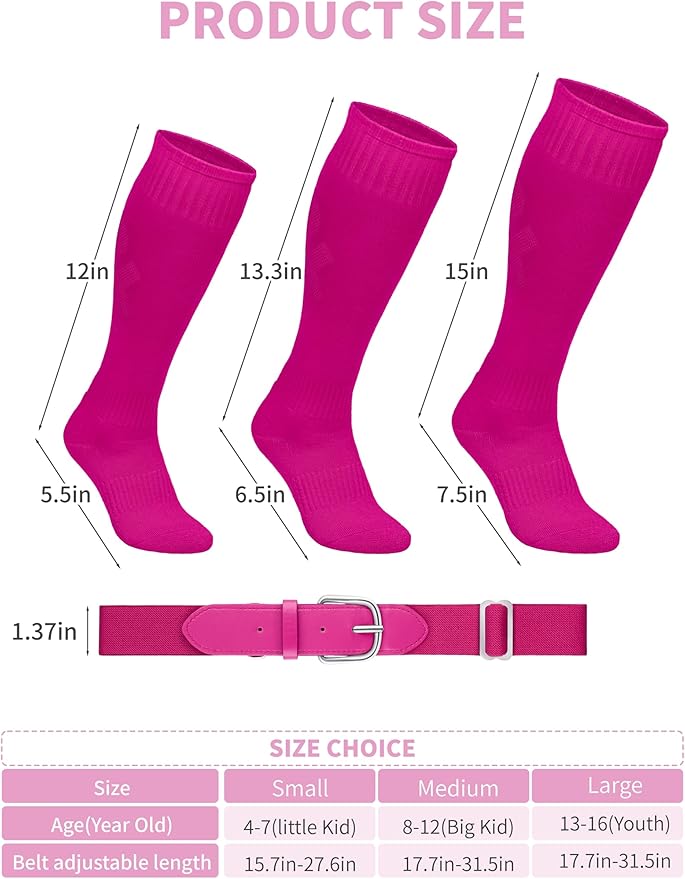 Baseball Socks and Belt Combo Set Cotton Boys Adjustable Baseball Softball Socks and Belt for Boys Girls