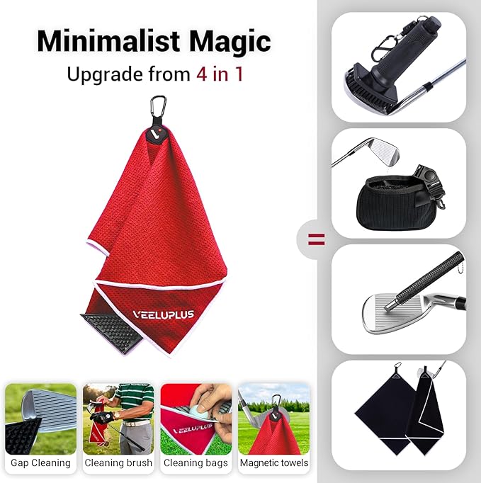 4-in-1 Magnetic Golf Towel with Golf Brush & Cleaning Pocket -3 Stage Cleaning System - Super Strong Golf Club Cleaner- Microfiber Waffle-15.7" X 23.6" Golf Accessories and Gifts for Men Women (RED)