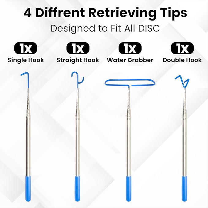 4 in 1 Disc Golf Retriever Pole 16 ft– Extendable Telescopic Disc Retriever with Durable Stainless Steel Frame Hooks & Carry Bag – Disc Golf Grabber for Getting Discs Out of Water, Trees, Bushes