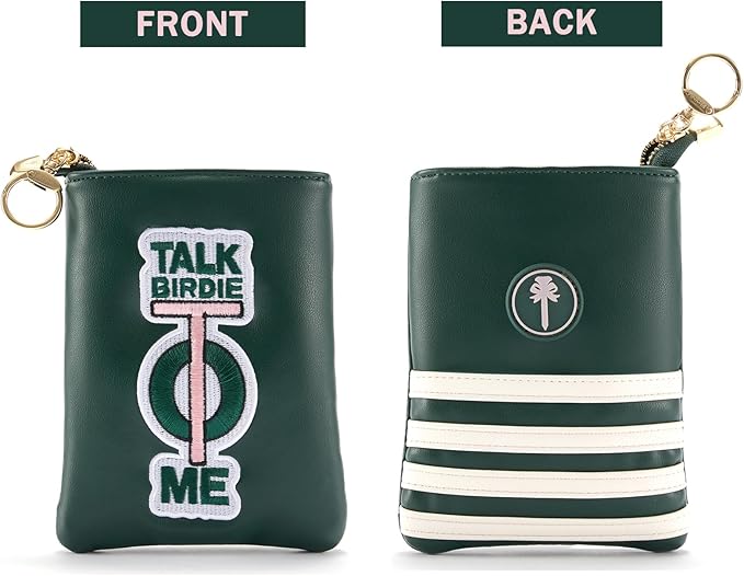 PINKTEE Golf Valuables Pouch Premiun Leather Tee Bag Funny Golf Accessories Organizer with Zipper Master Green for Women Men (TALK BIRDIE TO ME, White stripe)