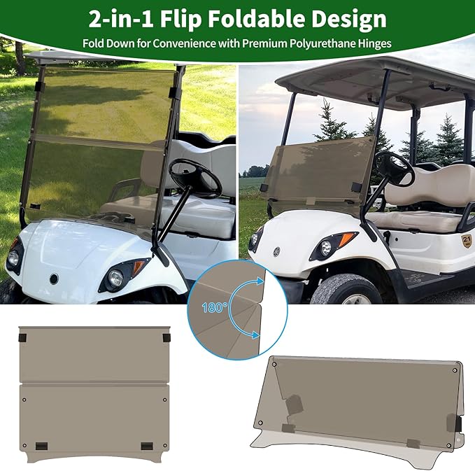 Golf Cart Foldable Windshield 3/16" (5MM) Thicken Only Fits 2007-2016 Yamaha G29/Drive, Fits 1"×1" Struts Rail Front Folding Acrylic Windshield Replacement, Included Mounting Hardware