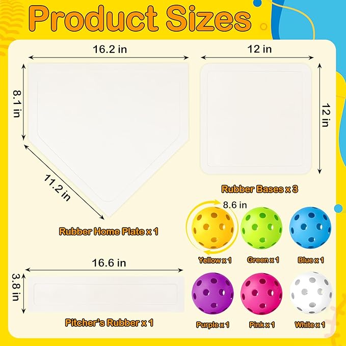 Mototo Rollable Baseball Base for Yard Practice Kit, 5 Baseball Home Plate Rubber Base with 6 Practice Soft Balls & Black Storage Bag, Throw Down Home Plate for Backyard, School Kickball, Tball