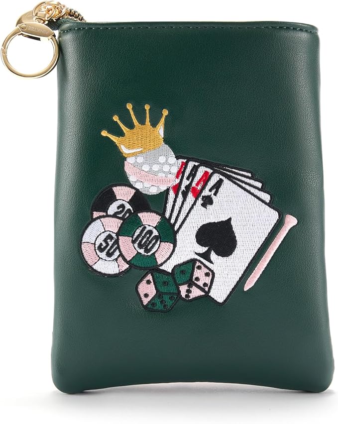 PINKTEE Golf Valuables Pouch Premiun Leather Tee Bag Funny Golf Accessories Organizer with Zipper Master Green for Women Men (CASINO QUEEN, White stripe)