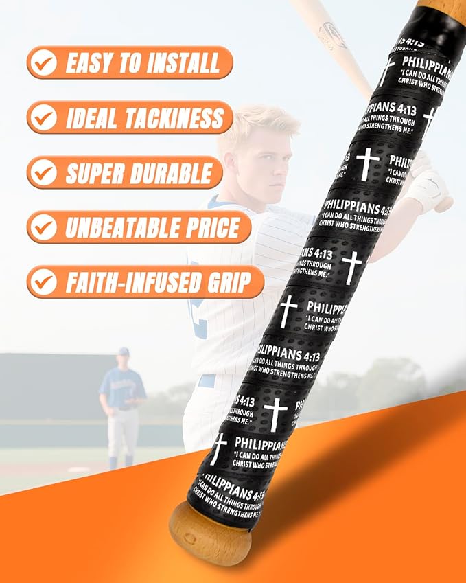 Piemow Baseball Bat Grip Tapes, Faith Cross Bat Grip Tape, 1.5mm Precut and Full Adhesive Baseball Wrist Tape, Scripture Designs Non-Slip Religious Baseball Grip Tapes for Sports
