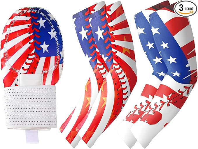 3 Pcs Sliding Baseball Mitt and Arm Sleeves for Youth 250 Anniversary Softball Gear Boys American Flag Adjustable Sport Protective