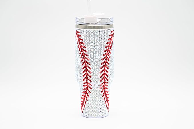 40 Oz Rhinestone Bling Tumbler Cup with Handle and Straw (BASEBALL), Stainless Steel and Double Wall Insulated