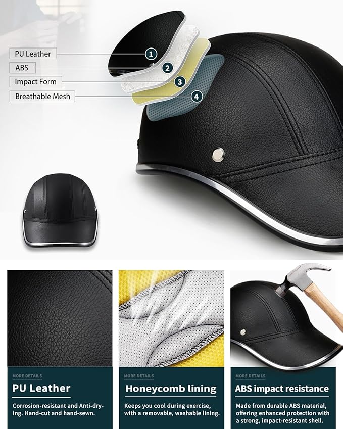 Adult Baseball Cap Helmet - Urban Style for Golf, Low Profile Urban Commute PU Retro Leather Hat for Men & Women
