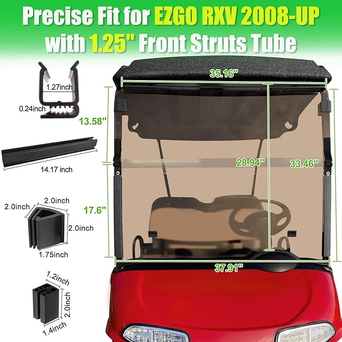 5MM Thick Upgrade PC Foldable EZGO RXV Golf Cart Windshield with Heavy Duty Hinges Only Fit for 2008-Up EZGO RXV with 1.25" Struts Rail, Anti-UV Impact Resistant Golf Cart Windshield