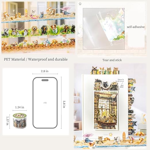 PET Tape Set for Junk Journal, 6 Rolls Cute Cat Tape Stickers, Journaling - Image 6